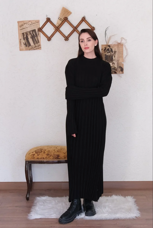 Long Sleeve Seasonless Black Ribbed Knitwear Dress