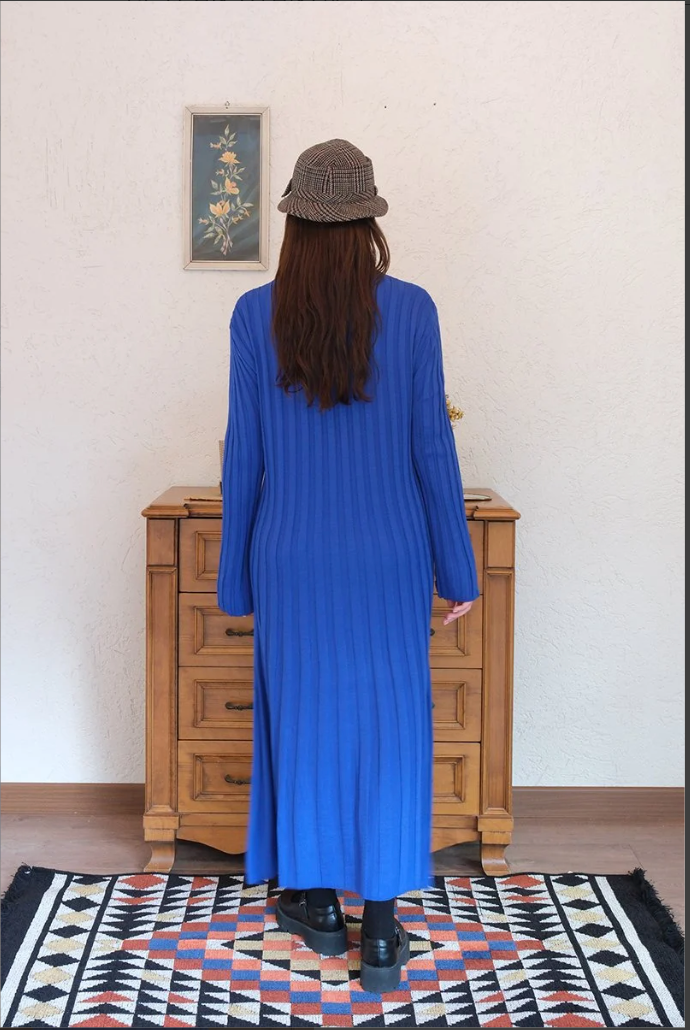 Cobalt Blue Flared Knitwear Dress – Modest elegance in a vibrant hue. Flattering fit, high-quality knitwear. Perfect for any occasion.