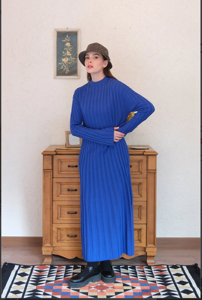 Long Sleeve Knitted Cobalt Blue Ribbed Dress