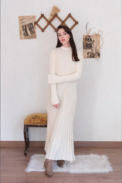 Long Sleeve Seasonless Cream Knitwear Dress