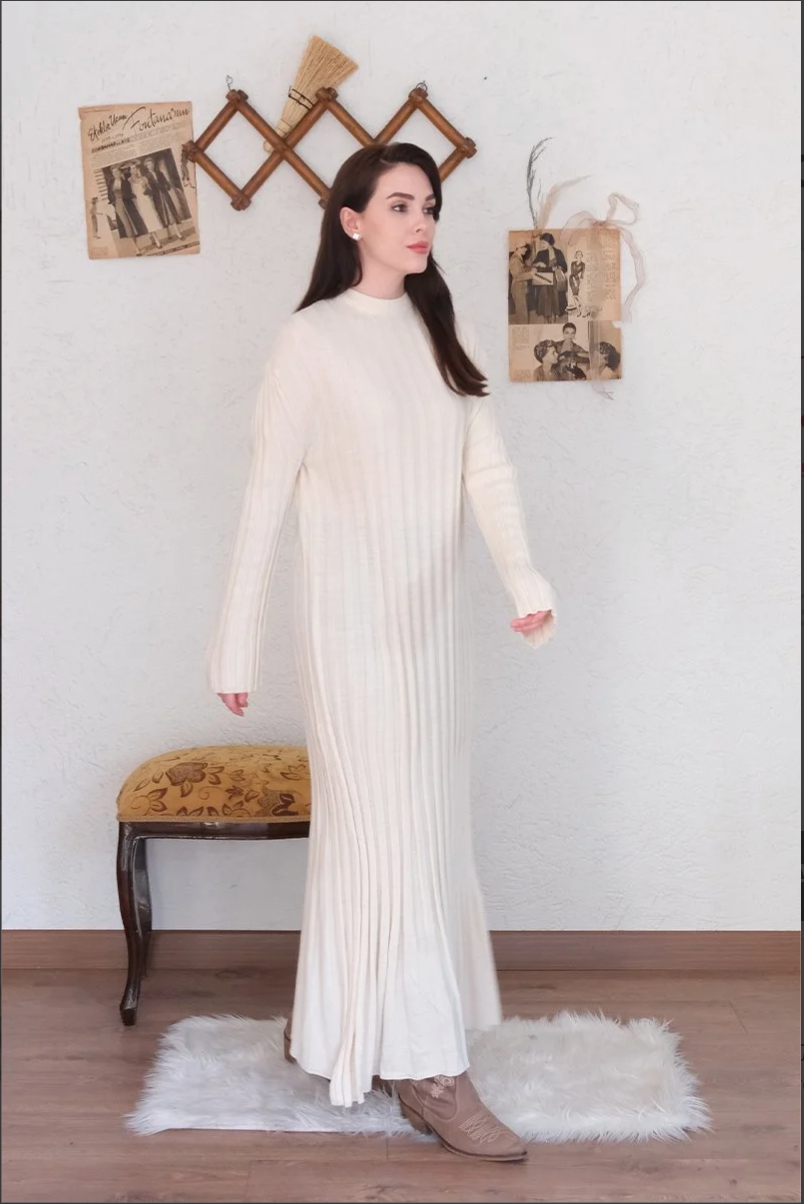 Long Sleeve Seasonless Cream Knitwear Dress