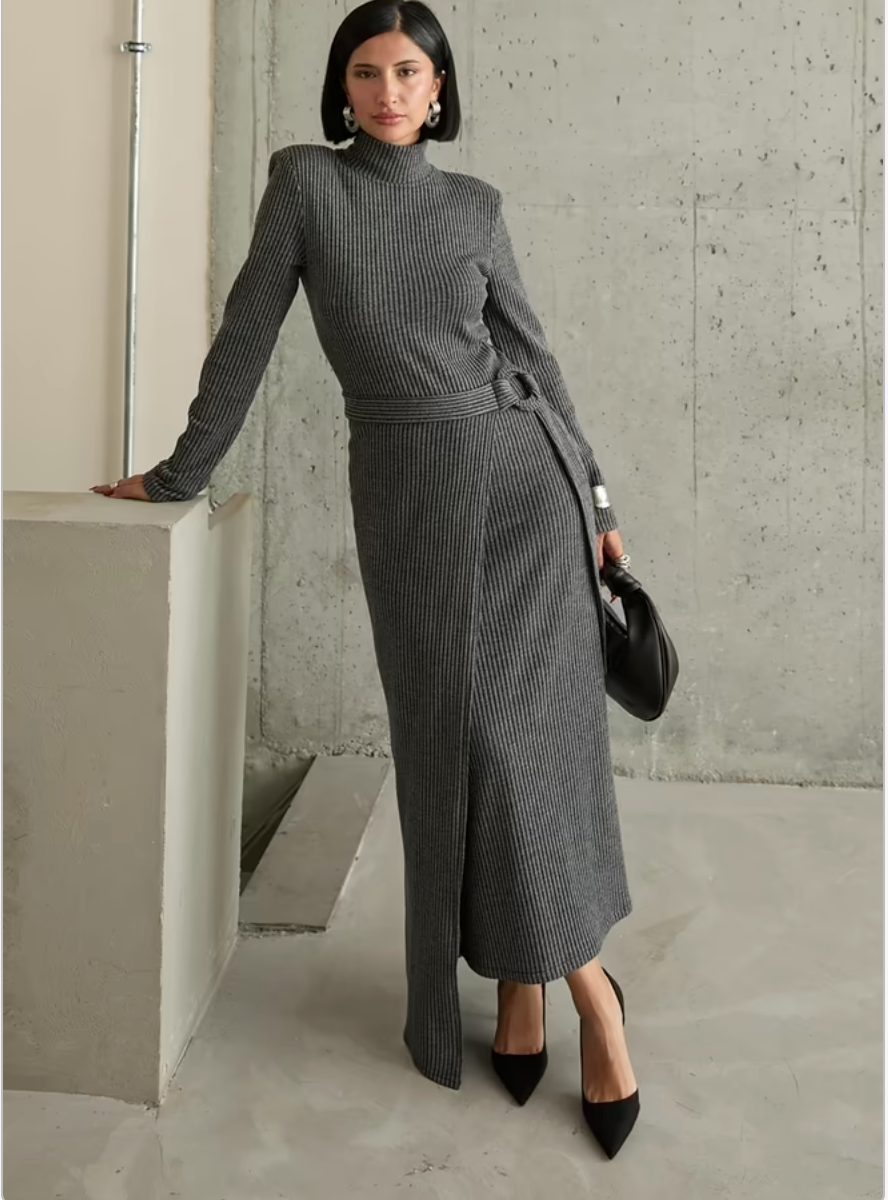 Grey Corduroy Wrap Maxi Dress