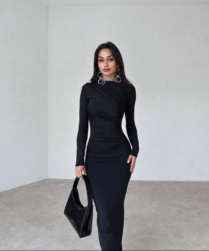 Ben Valor's Ruched Black Maxi Dress featuring Long Sleeves made of Polyester and Elastane. Perfect for any ocassion