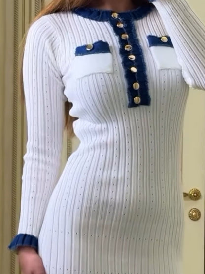 Contrast Trim Round Neck Long Sleeve Sweater Dress