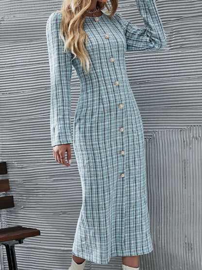 Blue Plaid Buttoned Midi Dress