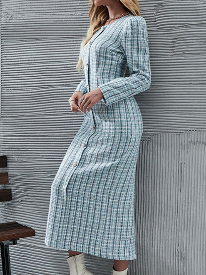 Blue Plaid Buttoned Midi Dress