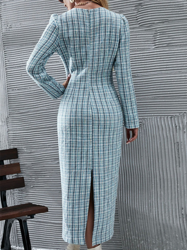 Blue Plaid Buttoned Midi Dress