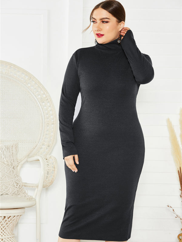 Back to Basics Curvy Solid Color Knit Turtleneck Long Sleeve Dress