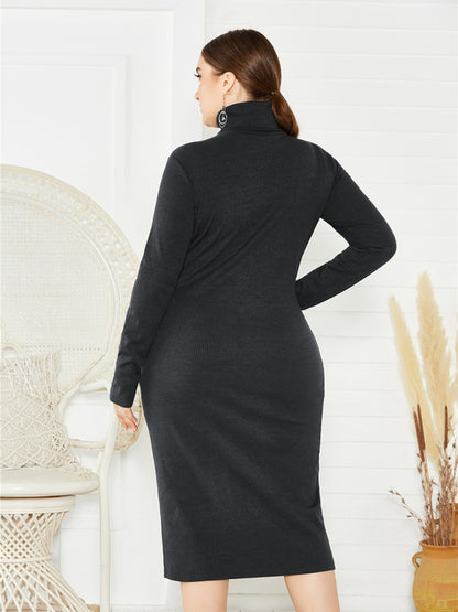 Back to Basics Curvy Solid Color Knit Turtleneck Long Sleeve Dress