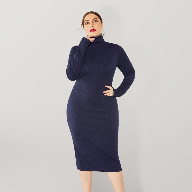 Back to Basics Curvy Solid Color Knit Turtleneck Long Sleeve Dress