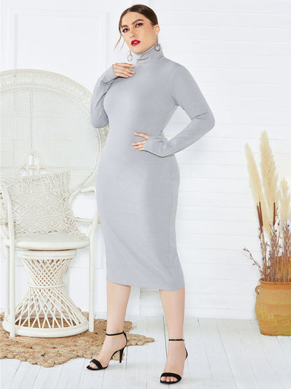 Back to Basics Curvy Solid Color Knit Turtleneck Long Sleeve Dress