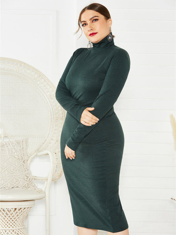 Back to Basics Curvy Solid Color Knit Turtleneck Long Sleeve Dress