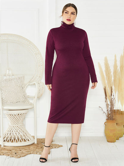 Back to Basics Curvy Solid Color Knit Turtleneck Long Sleeve Dress