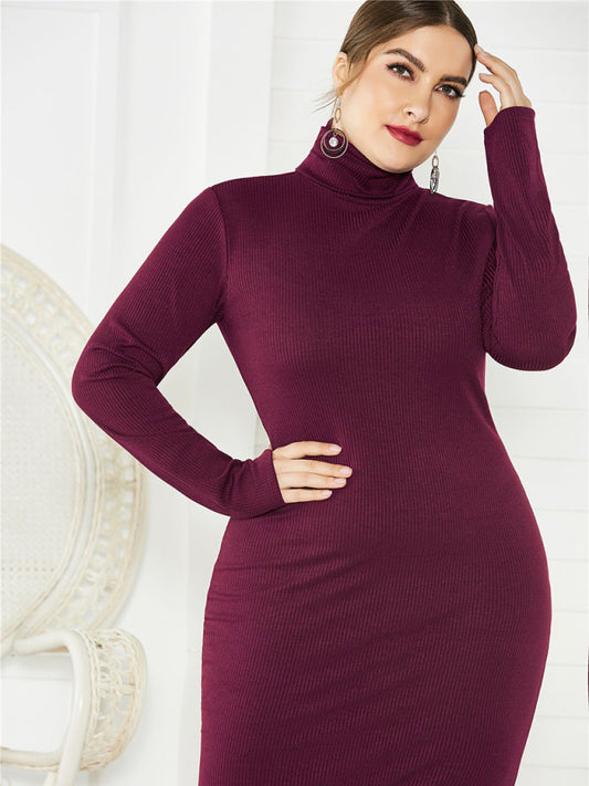 Back to Basics Curvy Solid Color Knit Turtleneck Long Sleeve Dress