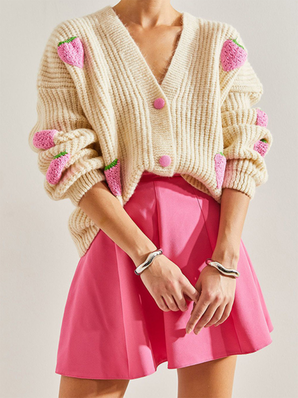 V-Neck Beige Strawberry Embellished Cardigan Knit Sweater