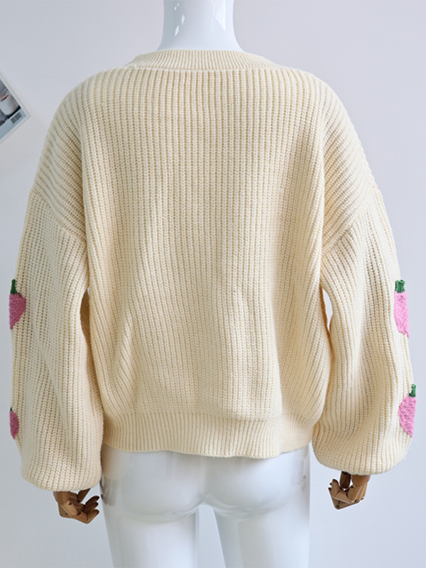 V-Neck Beige Strawberry Embellished Cardigan Knit Sweater