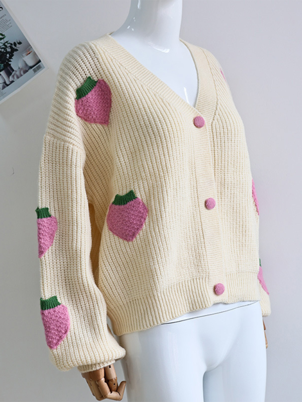 V-Neck Beige Strawberry Embellished Cardigan Knit Sweater